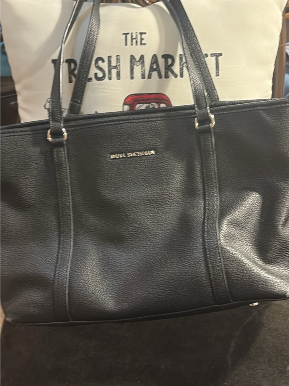 Dana BuchmanBlack Pebbled Leather Laptop Tote with Gold Logo
